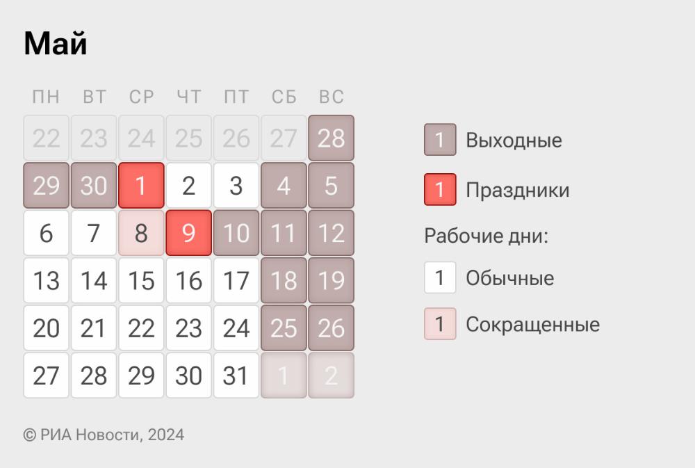 График работы в выходные и праздничные дни с 27.04.2024 по 02.05.2023 и с 09.05.2024 по 13.05.2024 г.